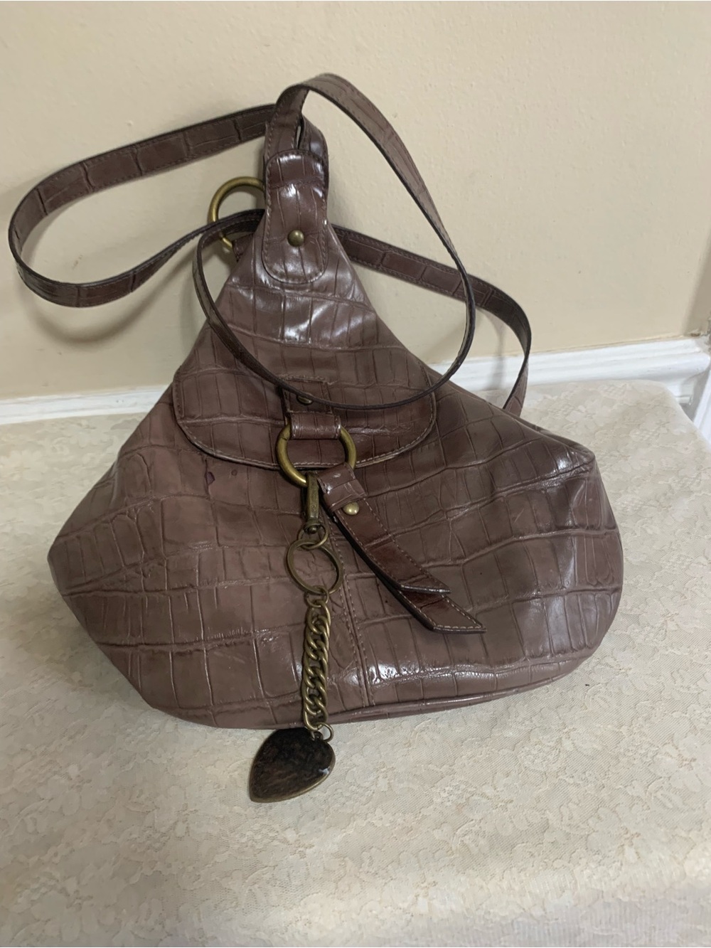 Vintage Nine West Brown Faux Croc Embossed Convertible Hobo Bag Backpack Y2K